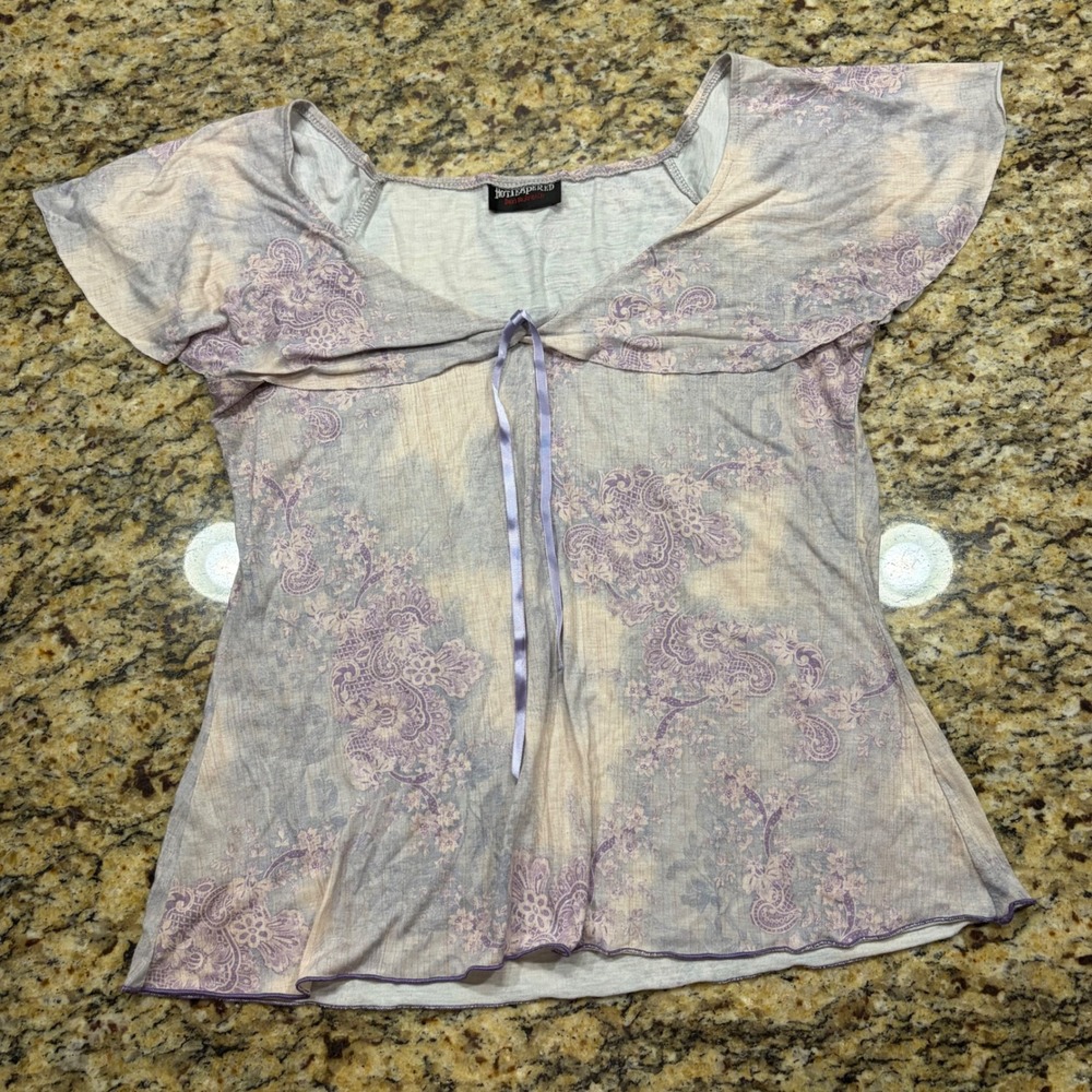Hot Tempered Purple Paisley Tie Dye Ruffle Sleeve Top Ribbon Tie Y2K Style